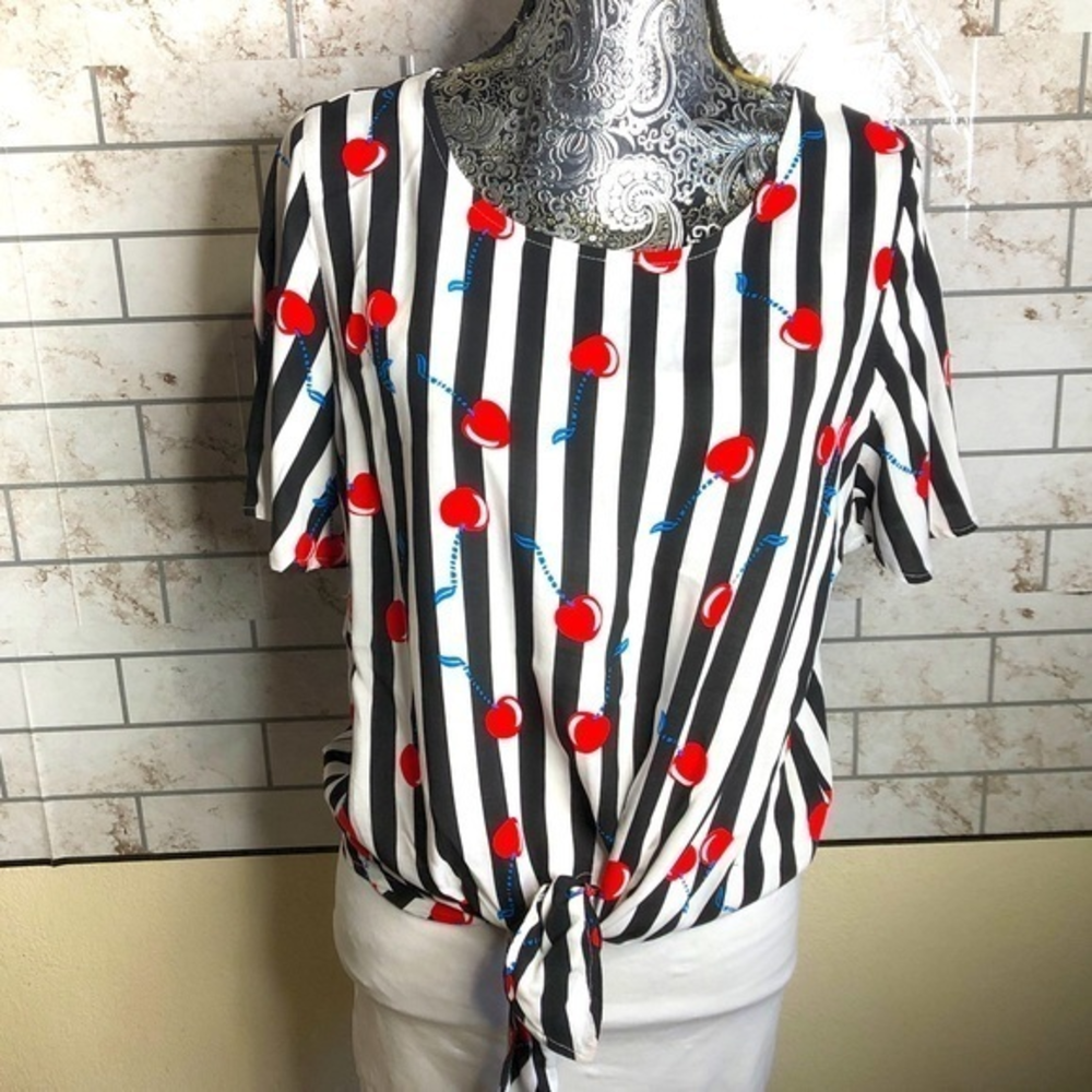 Cynthia Rowley stripe cherries front tie Top medium